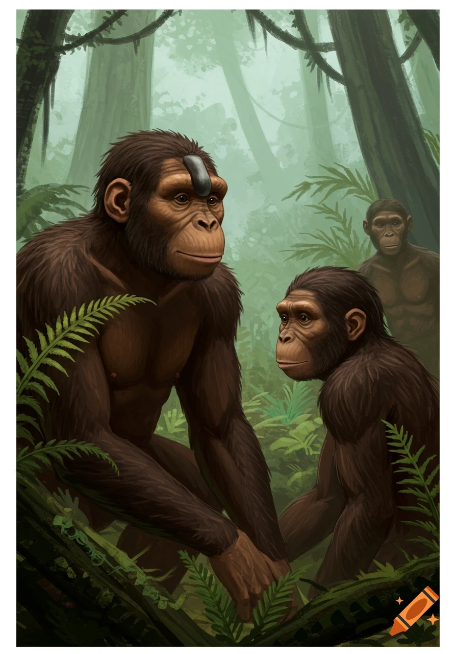Illustration of three ape-like early hominids in a lush, misty jungle.