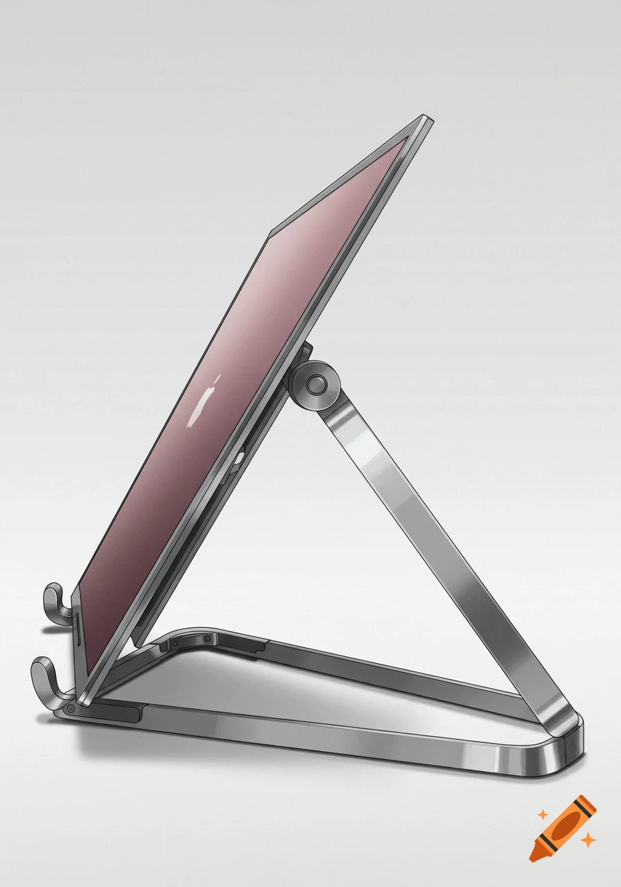 A metallic, triangular stand holding a tablet screen.