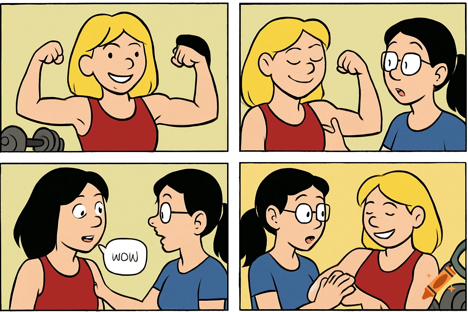 Cartoon comic strip shows a woman flexing muscles at the gym while her friend reacts in awe.