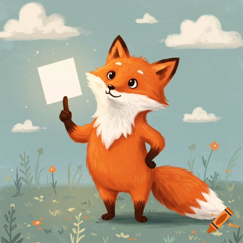 Illustration of a cute cartoon fox holding up a blank white card in a field.