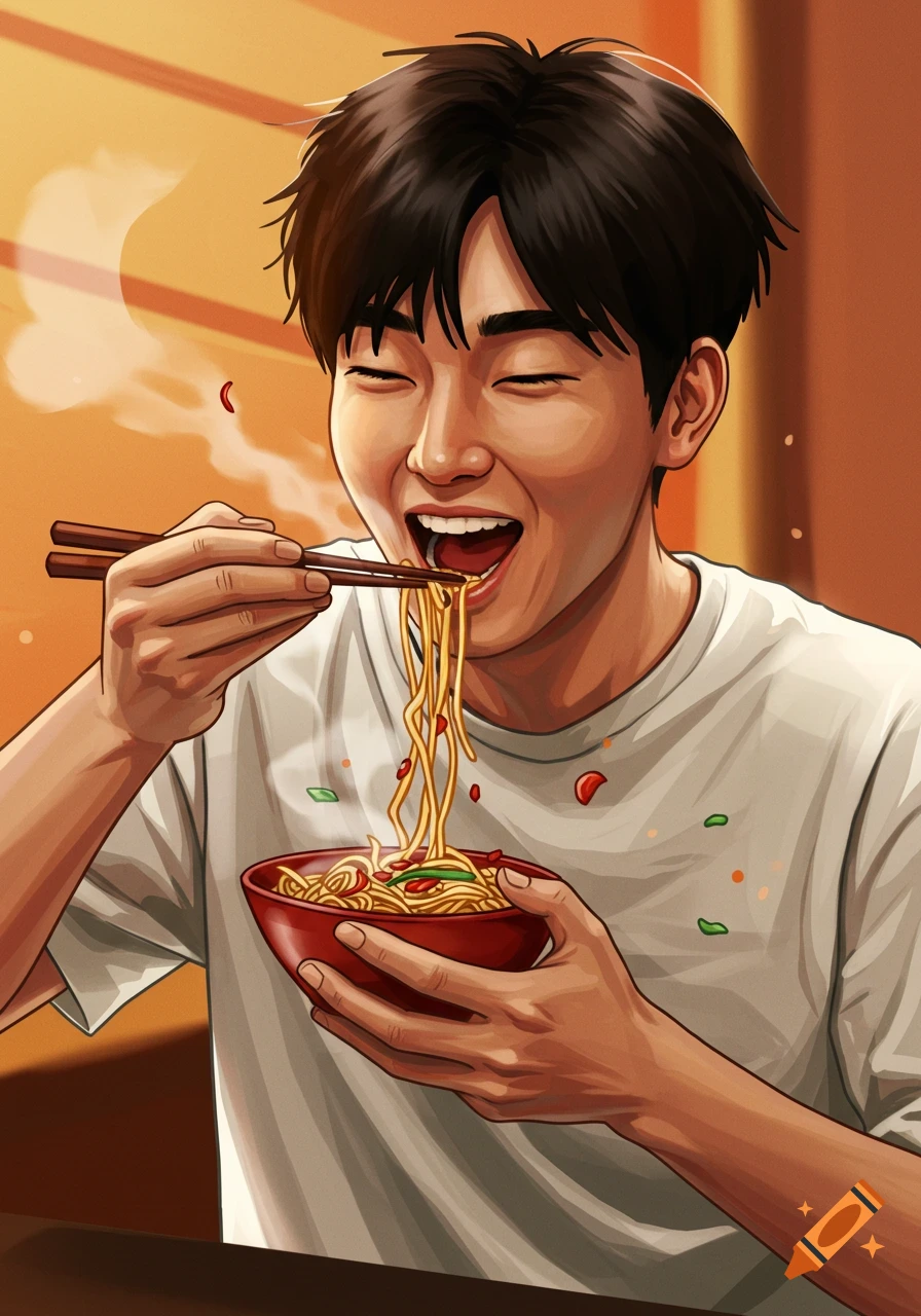An illustration of a man smiling and eating noodles with chopsticks from a red bowl.