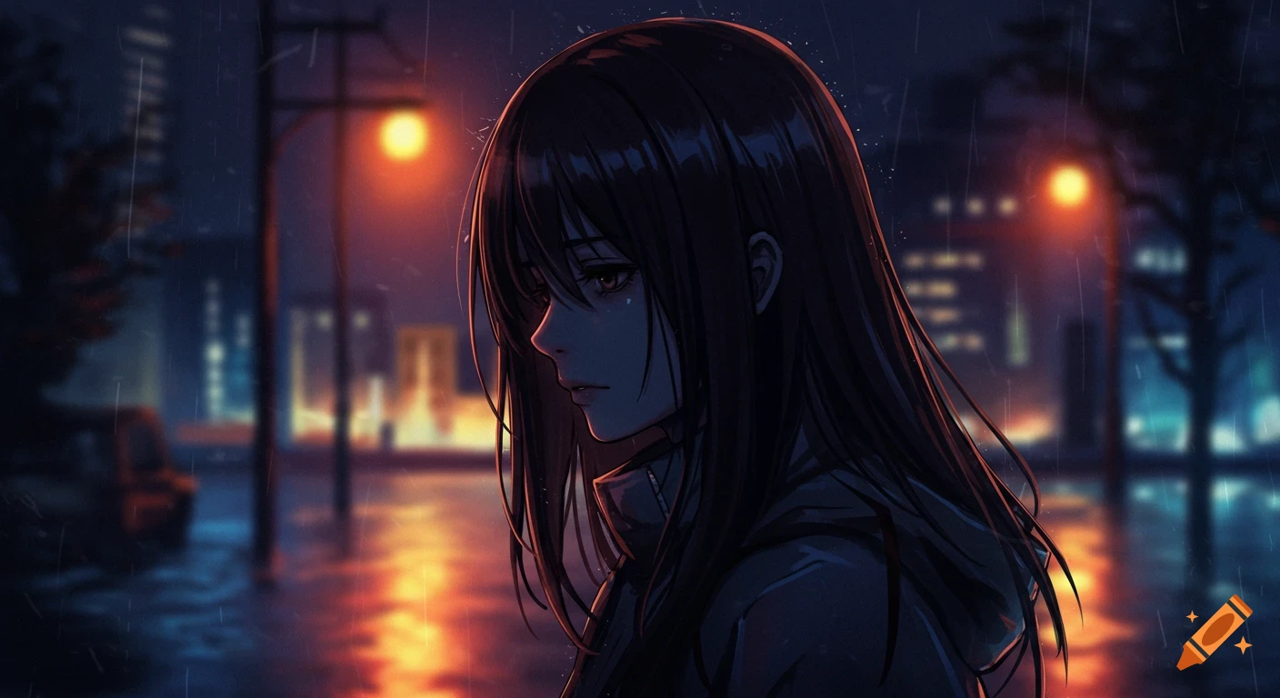 Anime style portrait of a person looking down in the rain at night on a city street.
