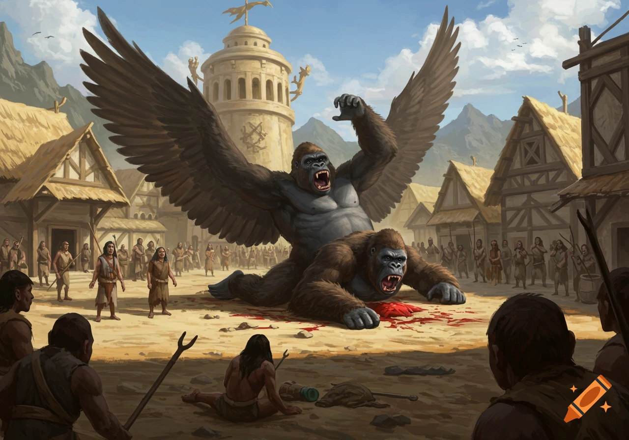 A winged gorilla stands over a defeated gorilla in a town square, people watch. Illustration.