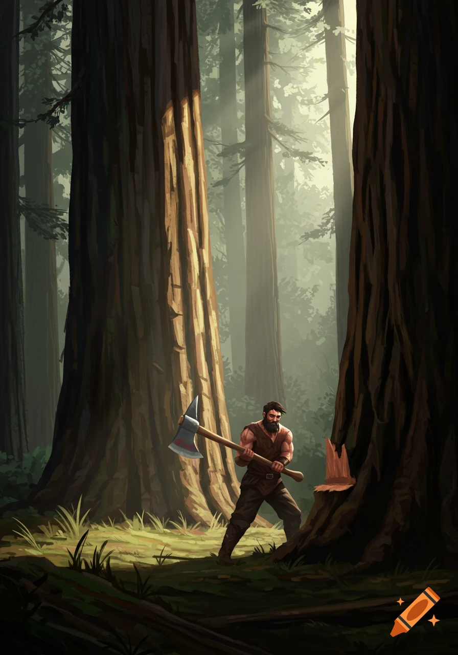 A man with an axe chopping a tree in a sunlit forest, digital painting.