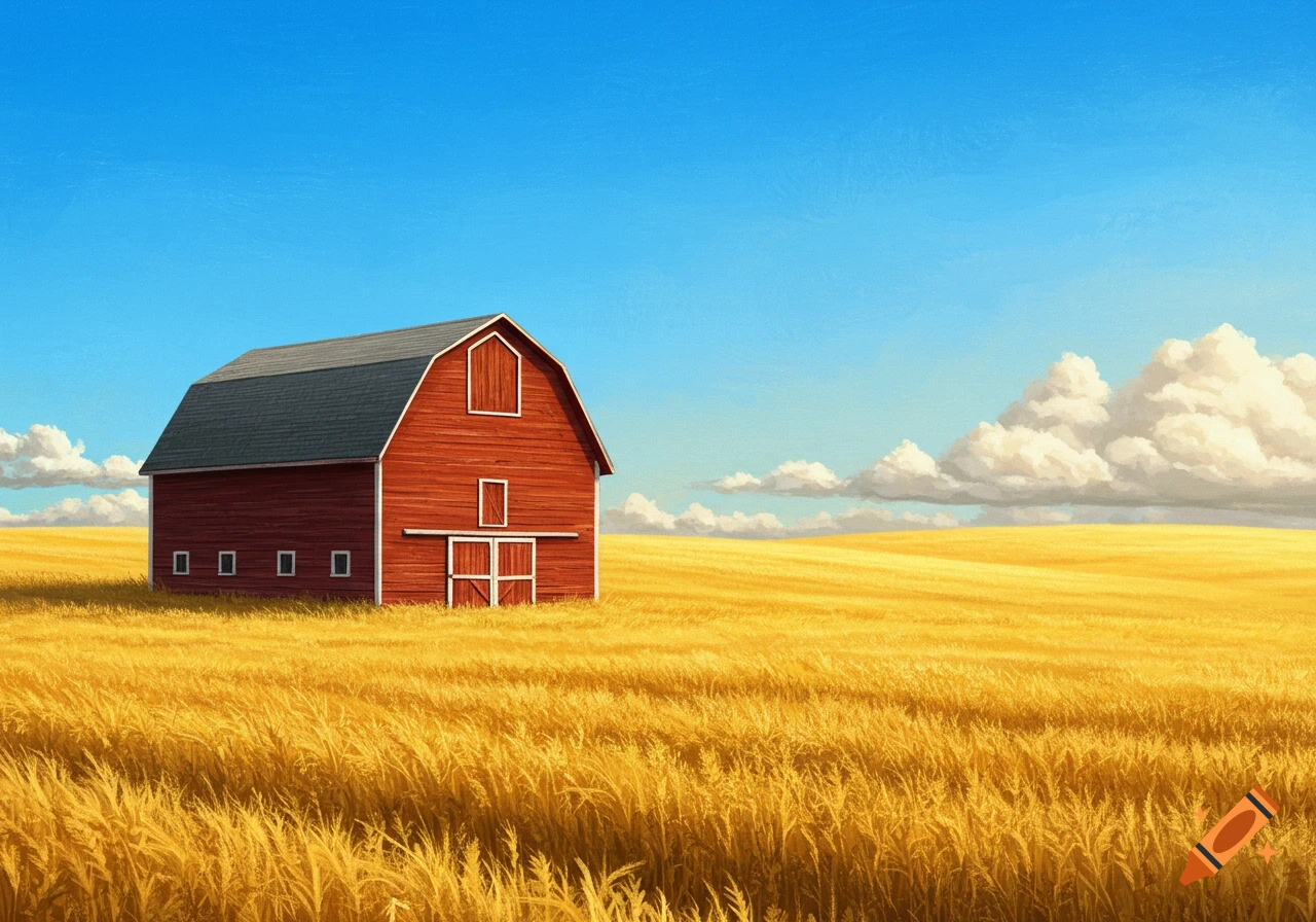 Red barn in a golden field under a blue sky, illustration style