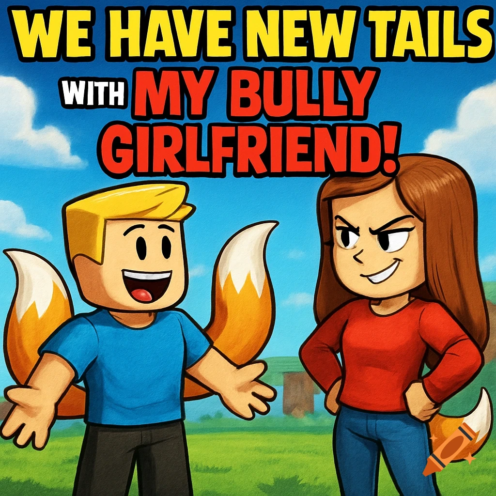 Cartoon image resembling Roblox avatars, a boy and girl with fox tails in a field, with text: "WE HAVE NEW TAILS WITH MY BULLY GIRLFRIEND!"