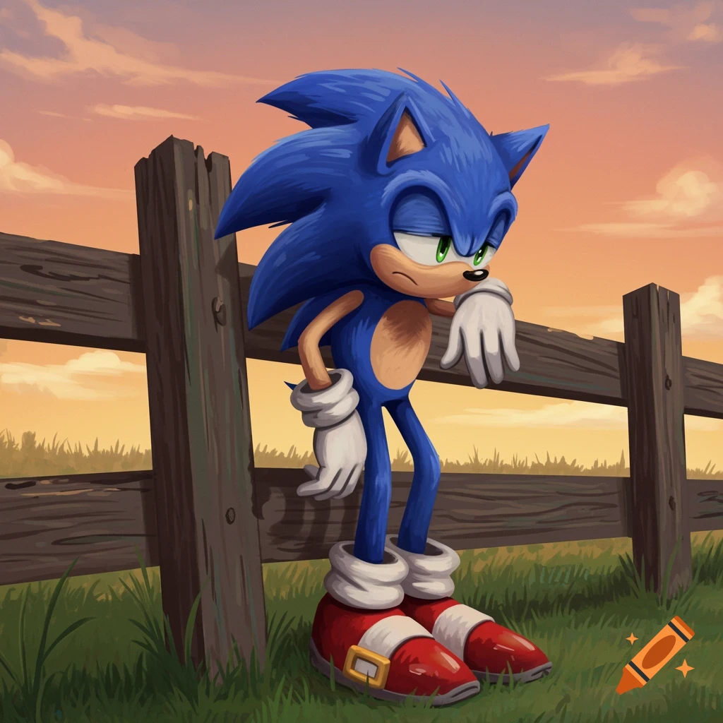 Sonic the Hedgehog leans on a wooden fence in a rural setting, looking sad or tired.