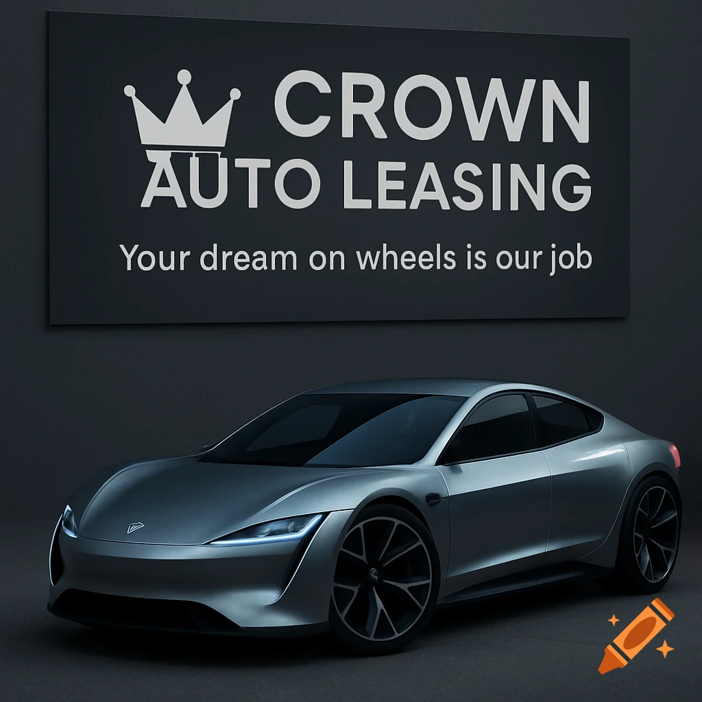 Futuristic silver car in front of a dark gray sign