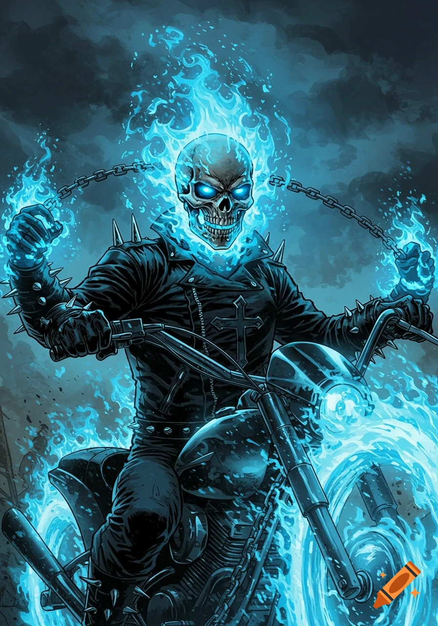 A skeletal figure with blue flames for a head and hands rides a motorcycle in comic art style.