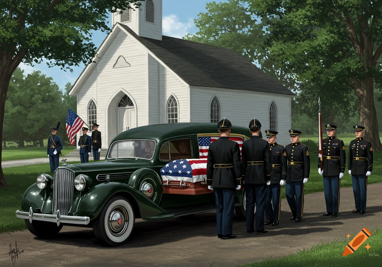 Illustration of a military funeral with honor guard, hearse, and flag-draped casket outside a white church.