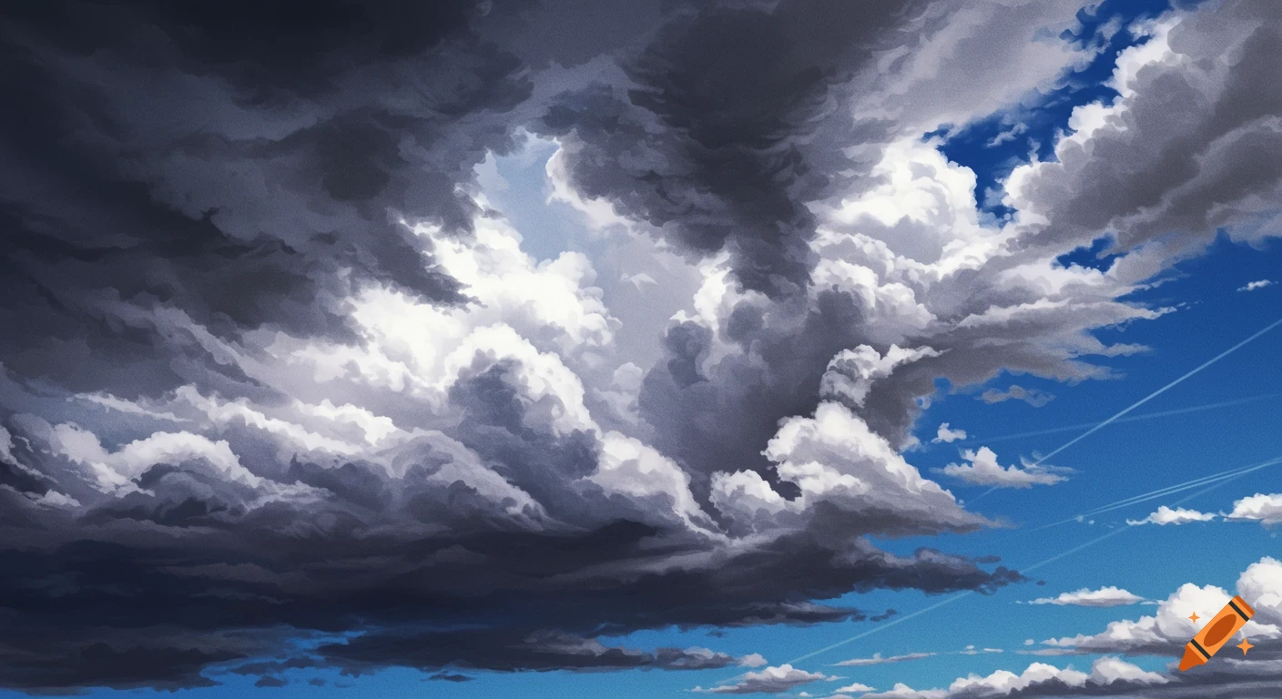 Swirling dark storm clouds and bright white clouds in a blue sky with contrails.