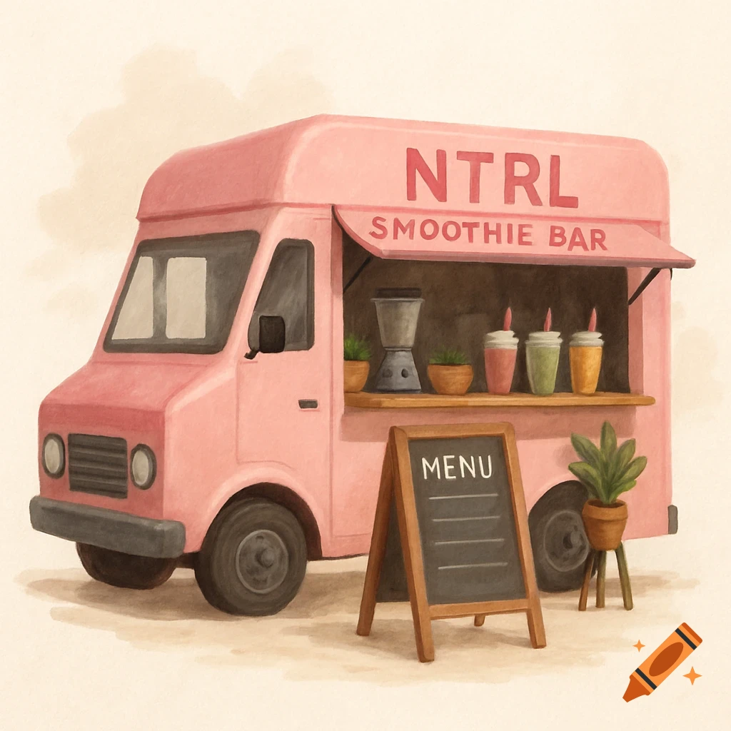 A pink smoothie bar food truck with a menu board in a watercolor style.