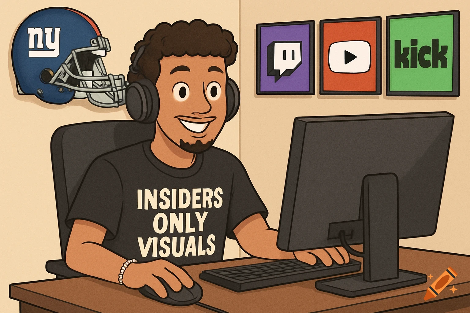 Cartoon streamer at a computer desk with Twitch, YouTube, Kick logos and a Giants helmet.