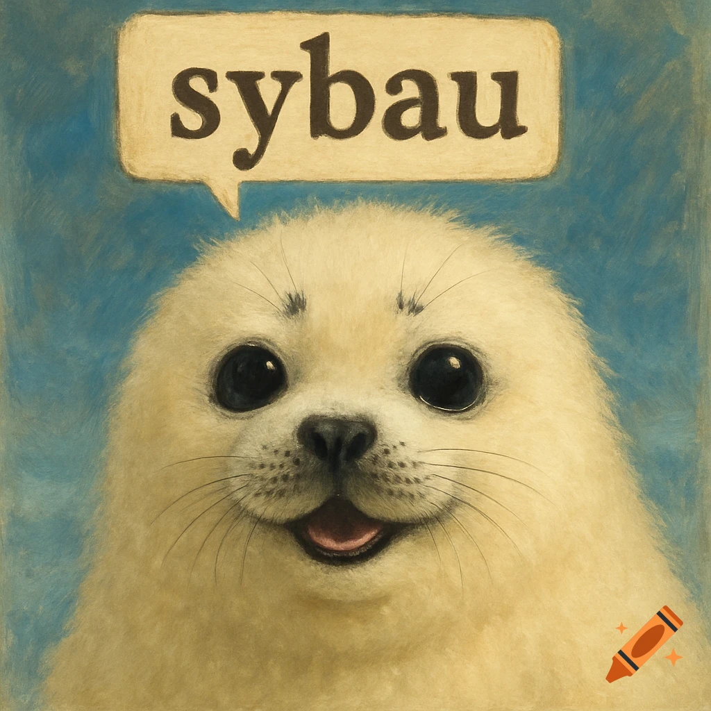 Close-up painting of a cute baby seal smiling with a speech bubble saying 'sybau'