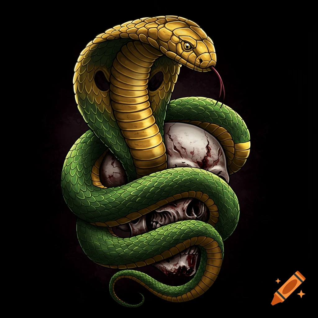 A green and gold cobra wrapped around three skulls on a black background, illustration style.