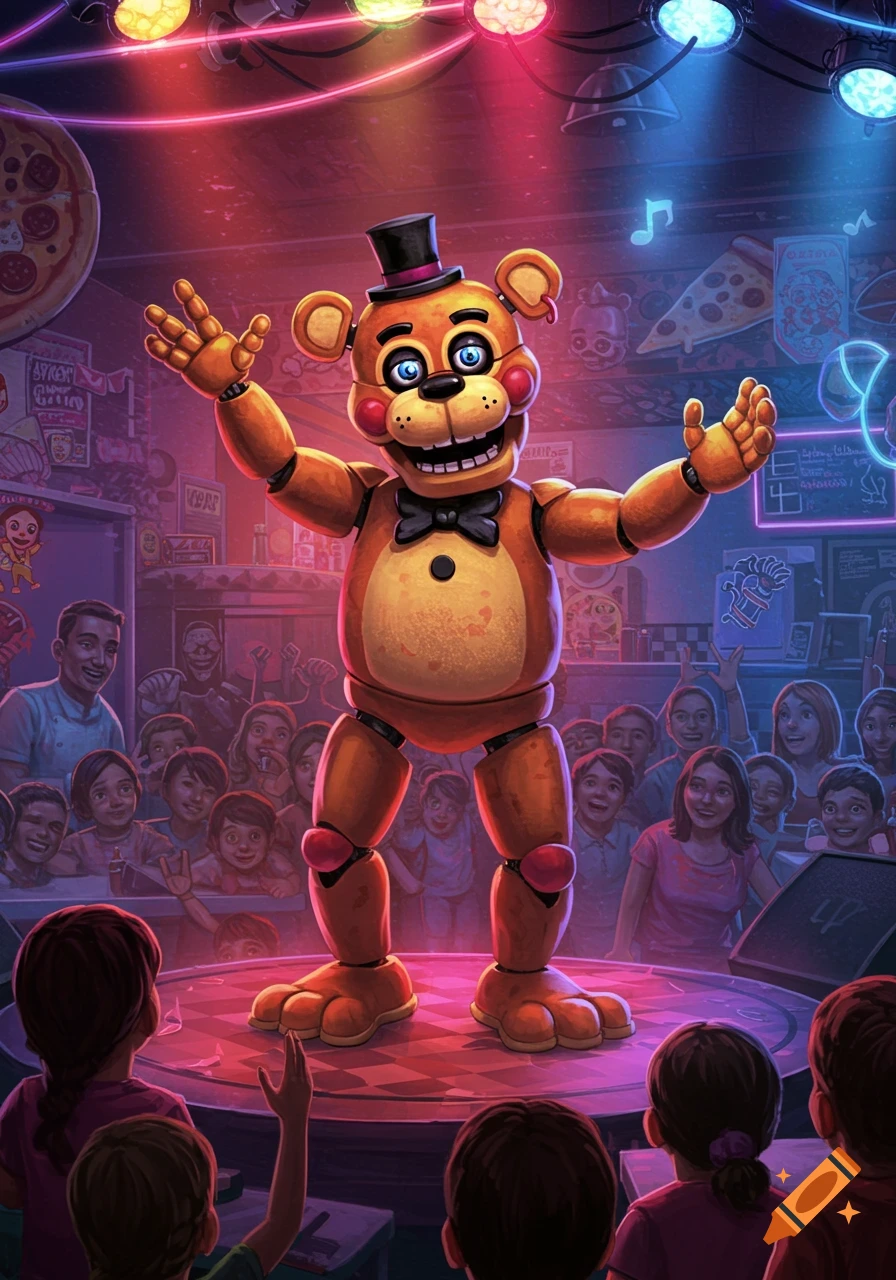 Digital illustration of an animatronic bear singing on stage to a crowd in a colorful pizza place.