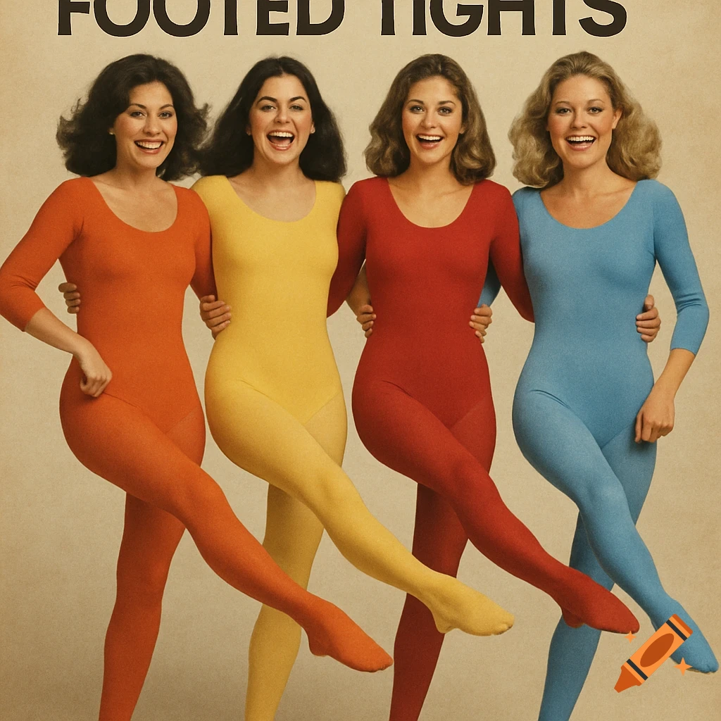 Four women in colorful footed tights pose in a vintage advertisement style kick line.