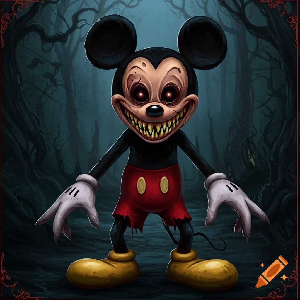 A creepy, distorted Mickey Mouse stands in a dark forest.