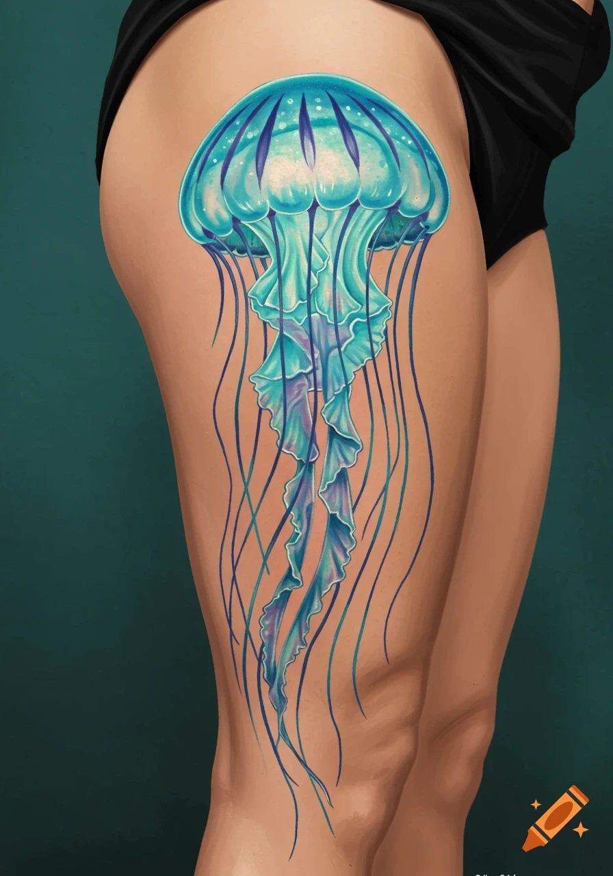 A blue jellyfish tattoo on a thigh.