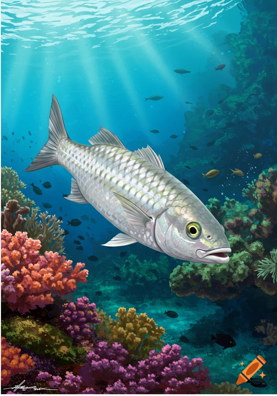 A large fish swims over a colorful coral reef.