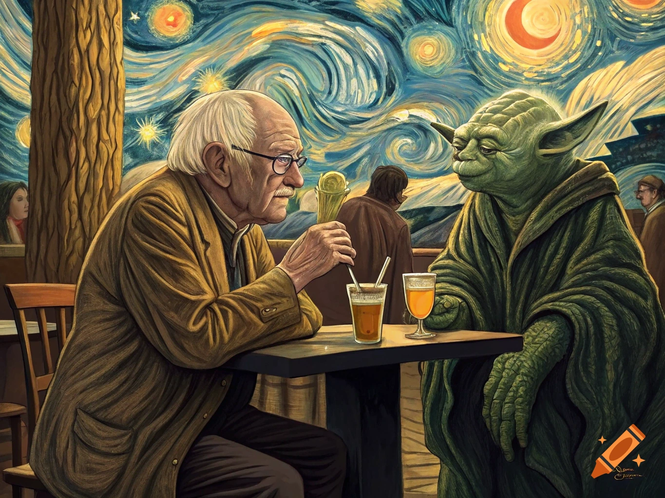 Bernie Sanders and Yoda have drinks in a bar, in the style of Van Gogh's Starry Night.
