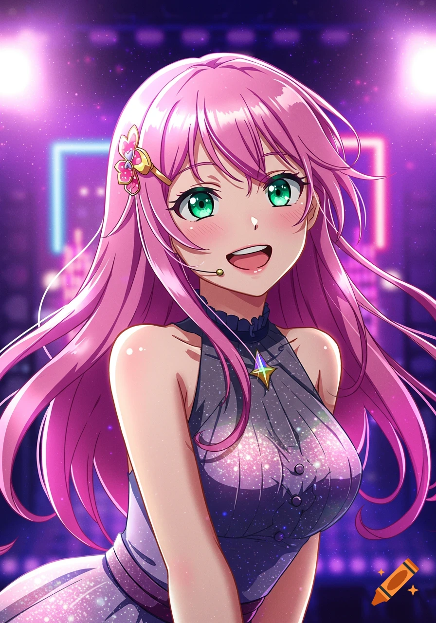 An anime-style illustration of a pink-haired idol singing on a stage.