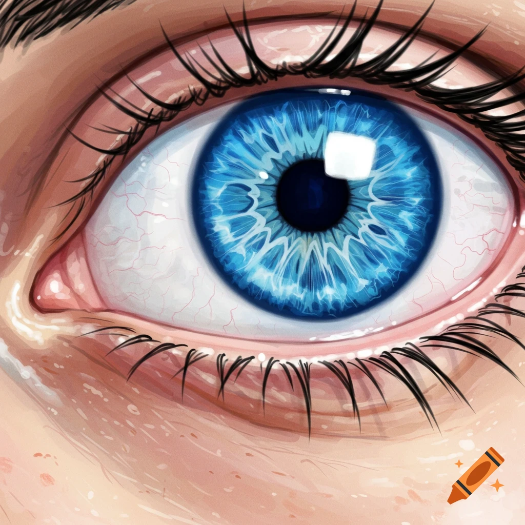 Close up illustration of a detailed blue eye with eyelashes.