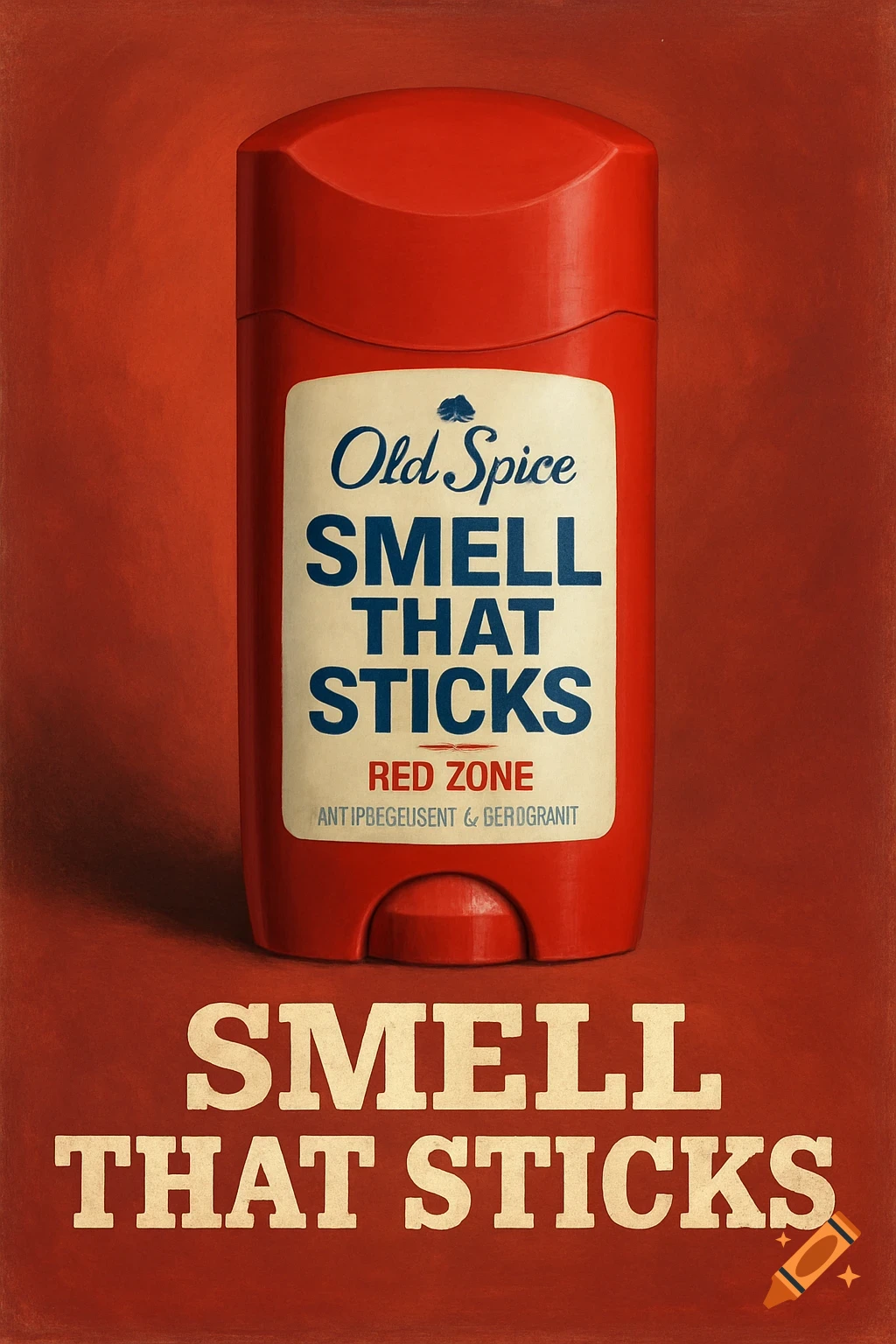 Old Spice deodorant bottle on red background with 'SMELL THAT STICKS' text, painted style.