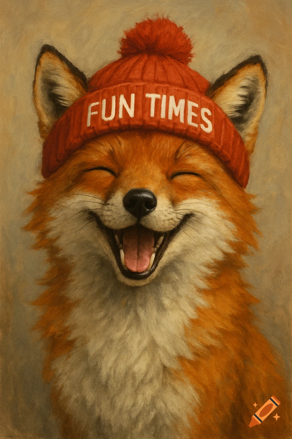 Close-up painting of a happy fox wearing a red beanie that says 'FUN TIMES'.