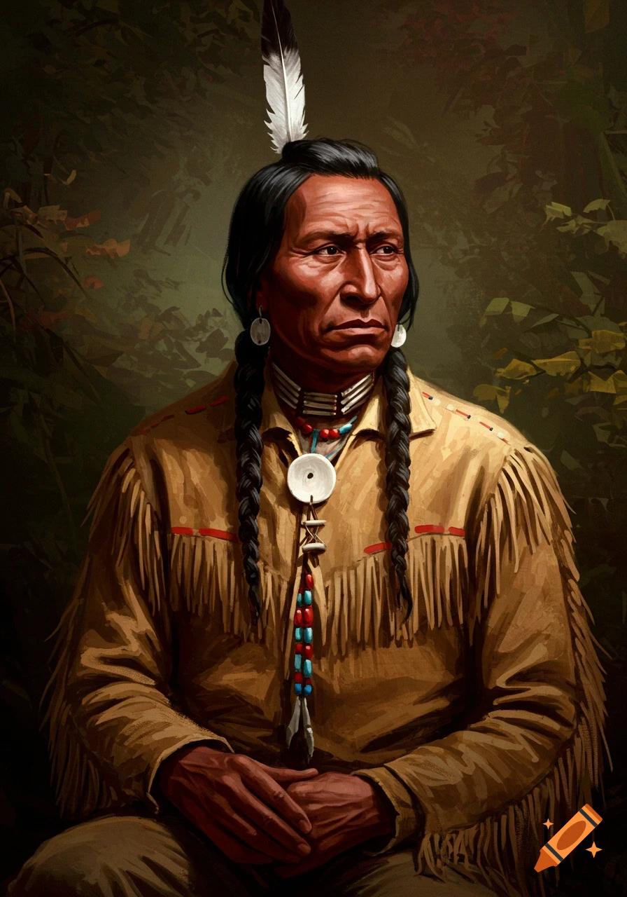 Painterly portrait of a man with braids, fringed jacket, and a feather in his hair.