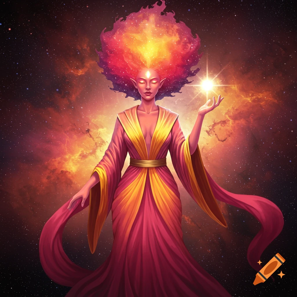 Female deity with fiery hair and glowing eyes in a cosmic robe holds a ...
