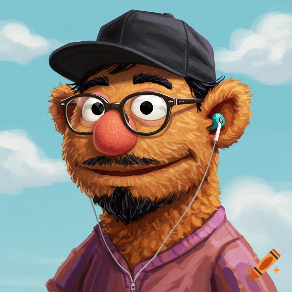 A muppet-like character wearing a black baseball cap, glasses, stubble, and earbuds, against a sky background.