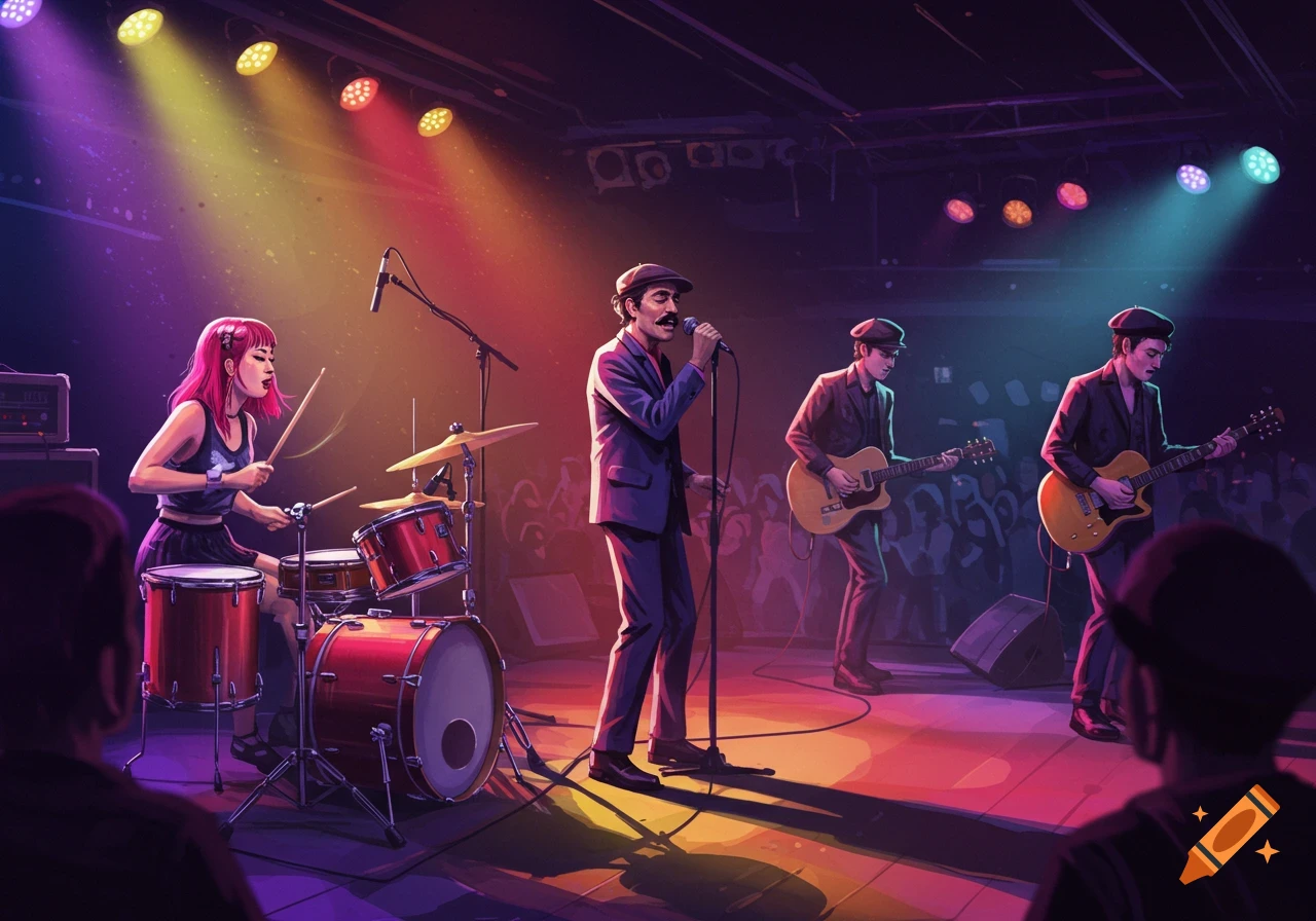 A band performs on a stage under colorful spotlights.