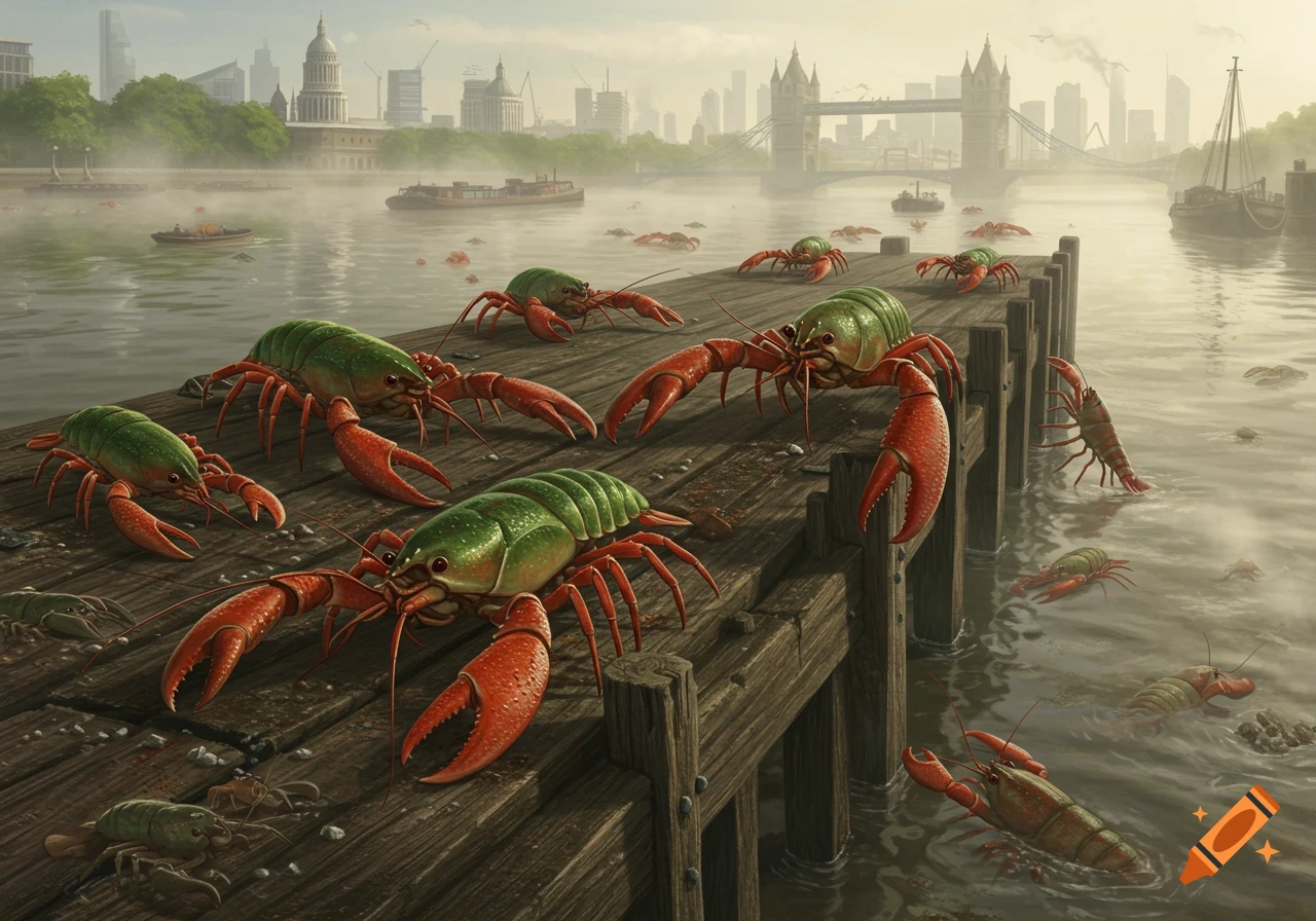 Giant green and red crustaceans swarm a London dock with Tower Bridge and cityscape in the background.