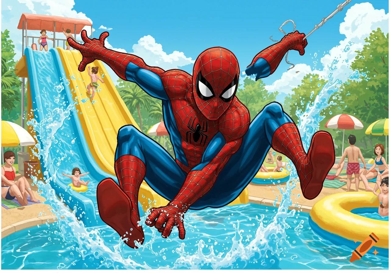 Spider-Man swings into the water at a busy water park, surrounded by splashing water and people on slides and inner tubes. Illustration style.