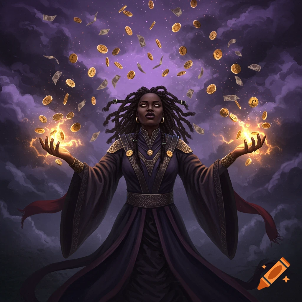 A Black woman with dreadlocks, dressed in dark robes, conjures coins and banknotes from her hands with magical lightning effects under a stormy sky.