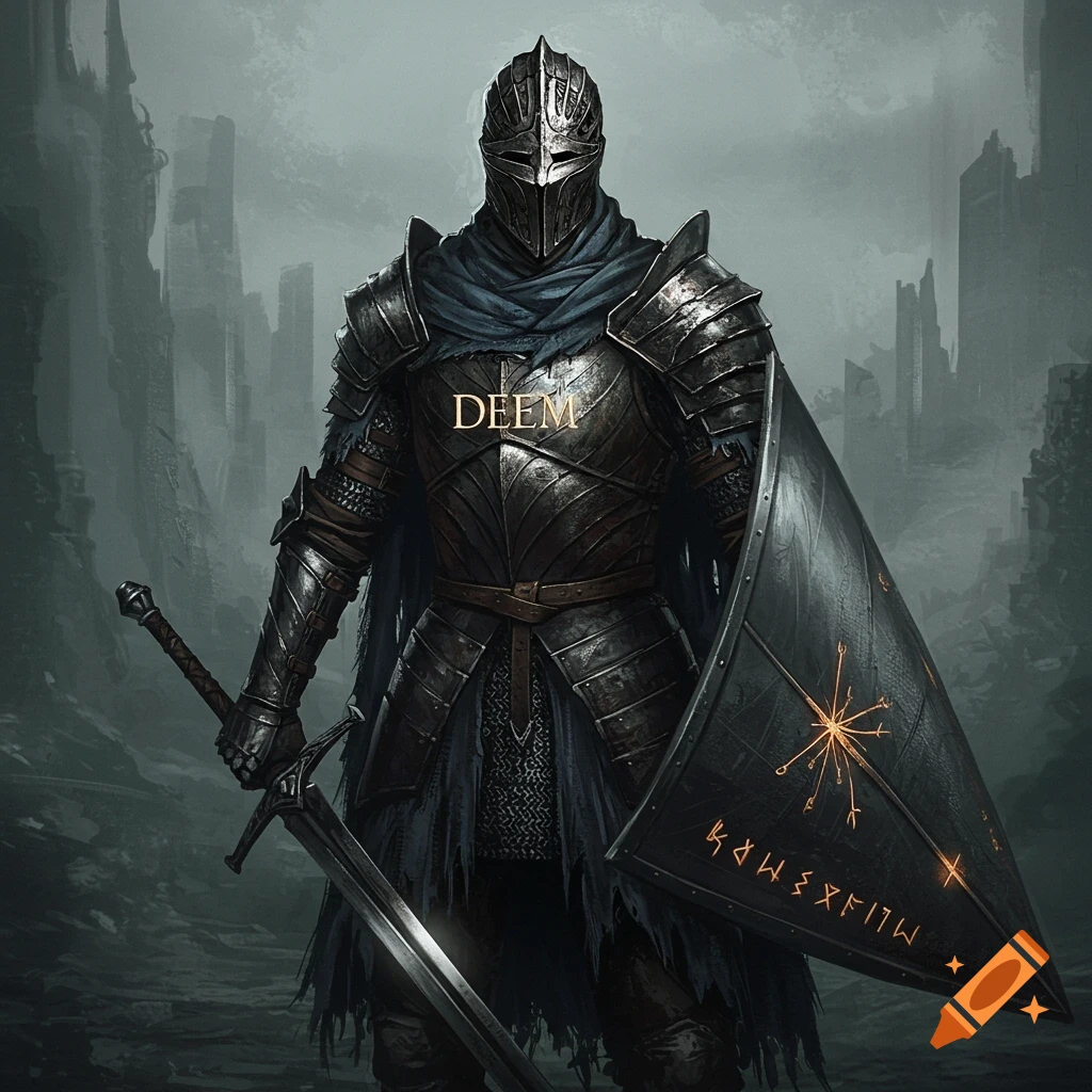 Masked knight in dark armor with sword and shield in a dark fantasy setting