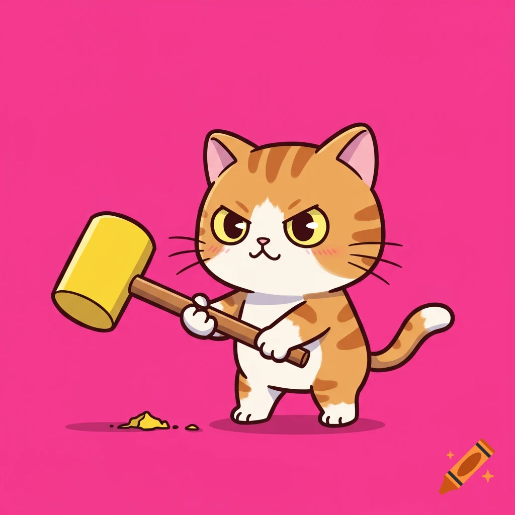 A cute cartoon cat holds a large yellow hammer.