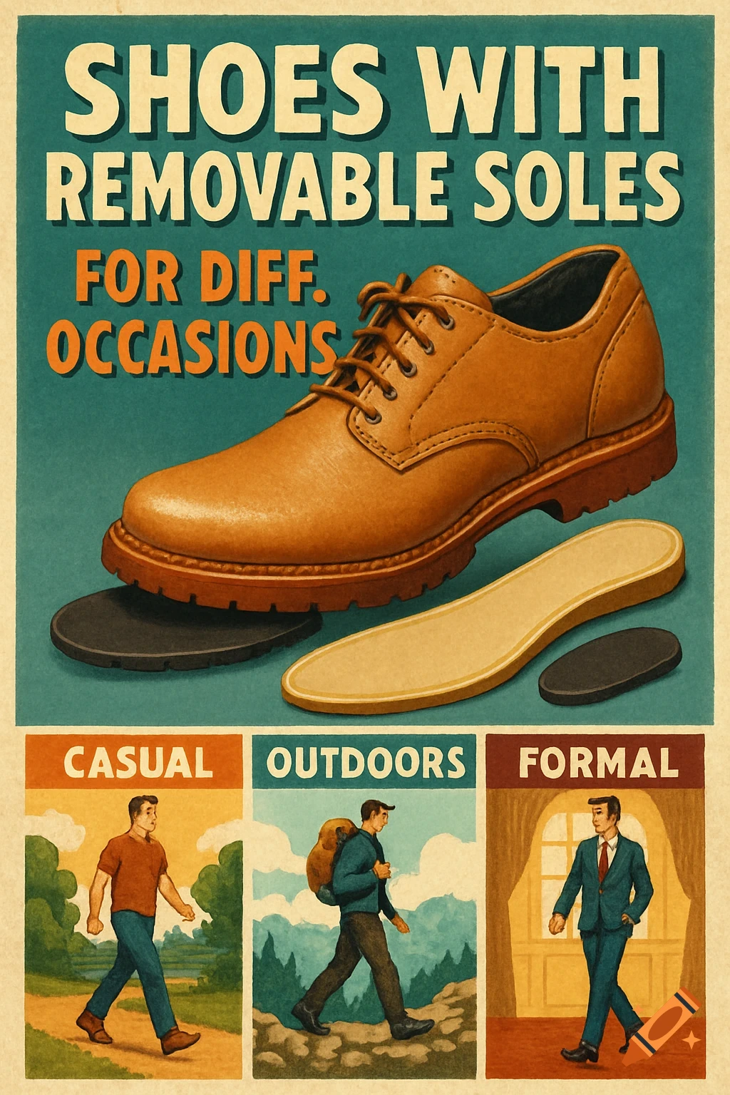 Vintage-style poster advertising shoes with removable soles, showing a shoe, soles, and men in casual, outdoors, and formal settings.