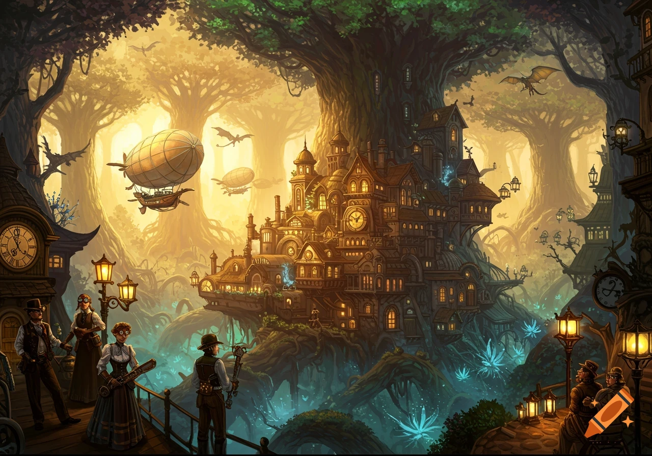 A steampunk city built around a giant tree, with airships flying above, and characters in a mystical forest setting.