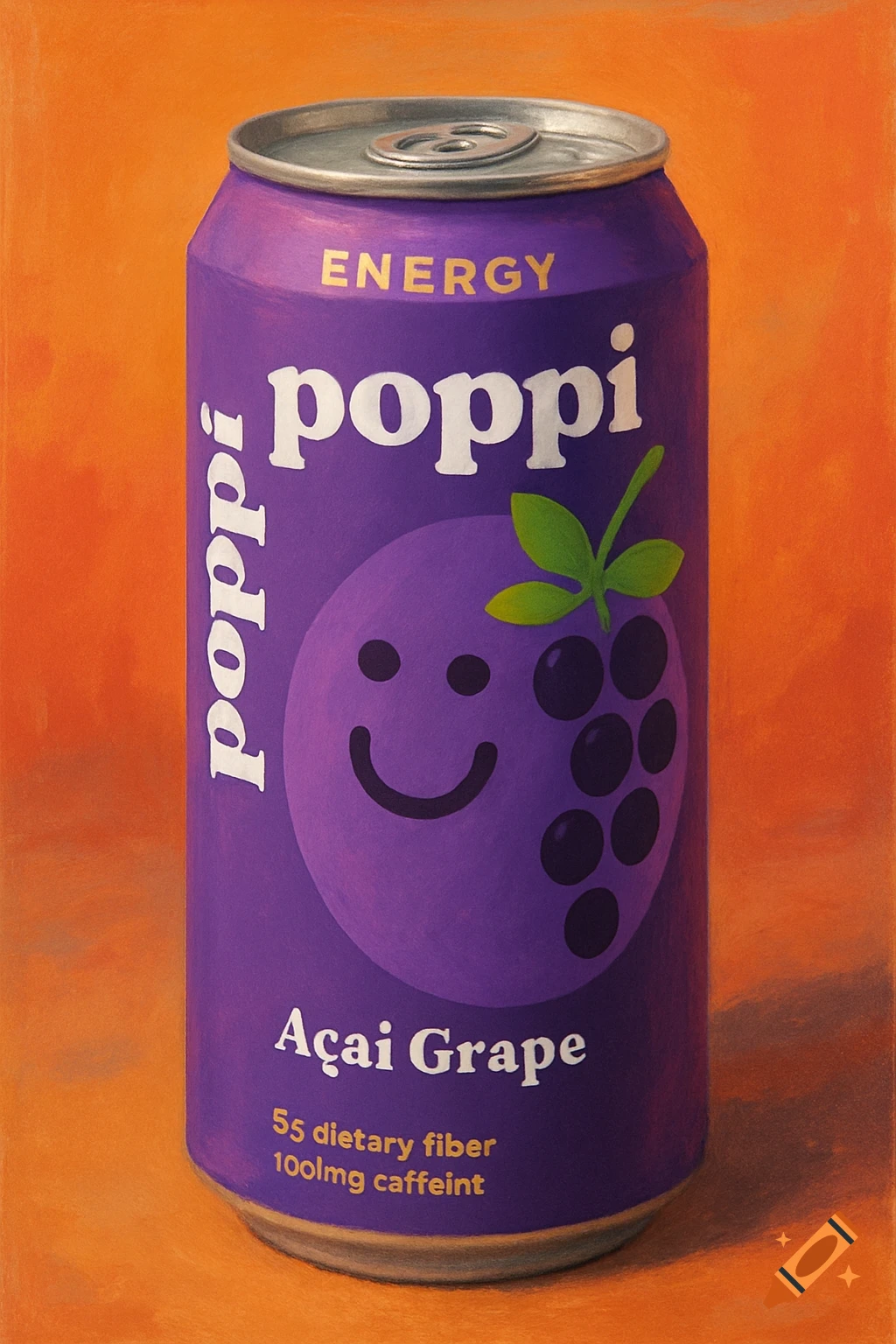 A purple soda can with a smiling purple grape character labeled "poppi ENERGY Açai Grape" on an orange background.