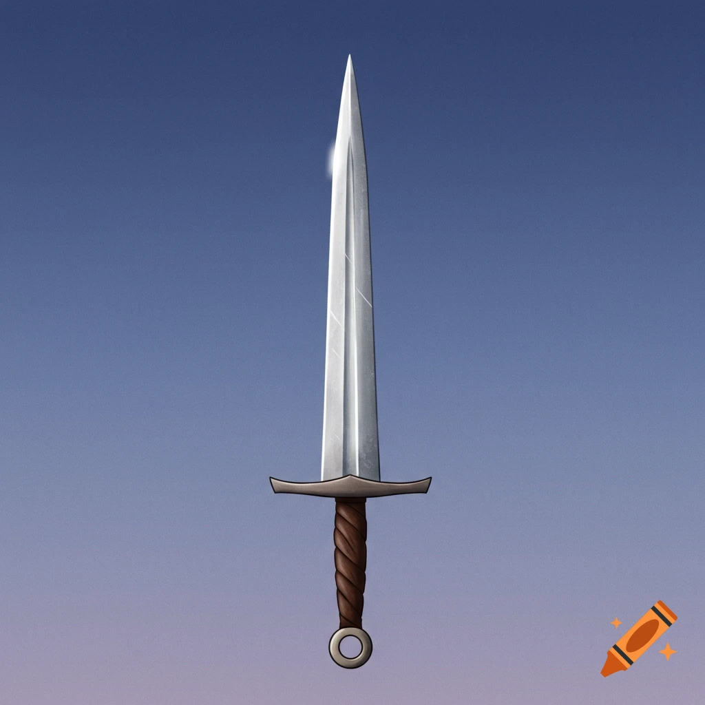 A silver sword with a brown hilt against a blue sky.