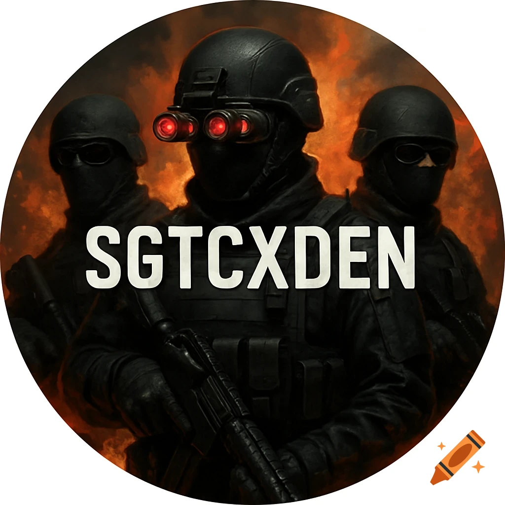 Three figures in black tactical gear with red night vision goggles and weapons stand against a fiery background. Text reads SGTCXDEN.