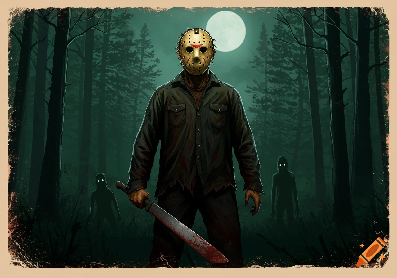 Illustration of a masked figure holding a bloody machete in a dark forest under a full moon.