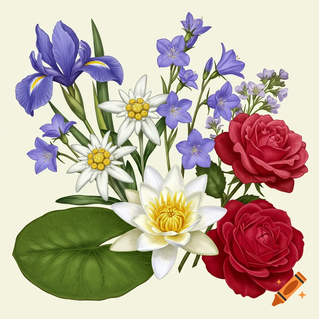 Illustration of a bouquet with iris, bluebells, edelweiss, waterlily, roses, and a lily pad.