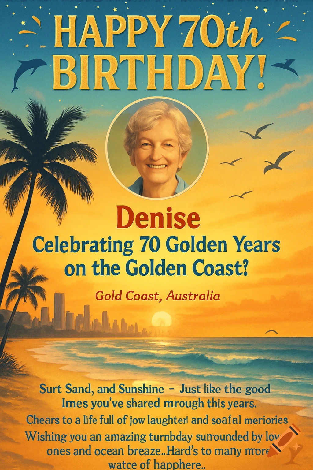 A birthday greeting card featuring a beach sunset, palm trees, city skyline, gulls, and a photo of a smiling woman, with text "Happy 70th Birthday!".