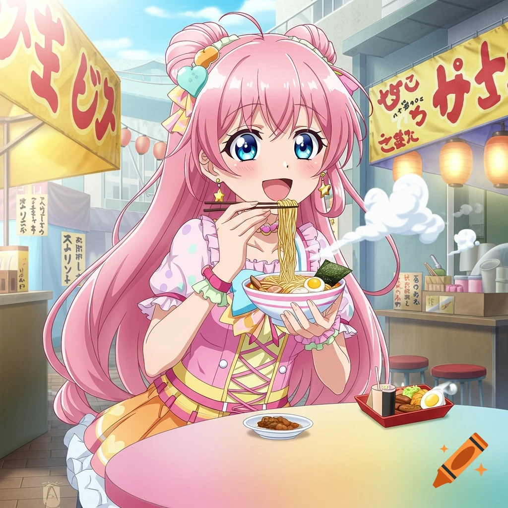 Anime girl eating ramen outdoors at a food stall