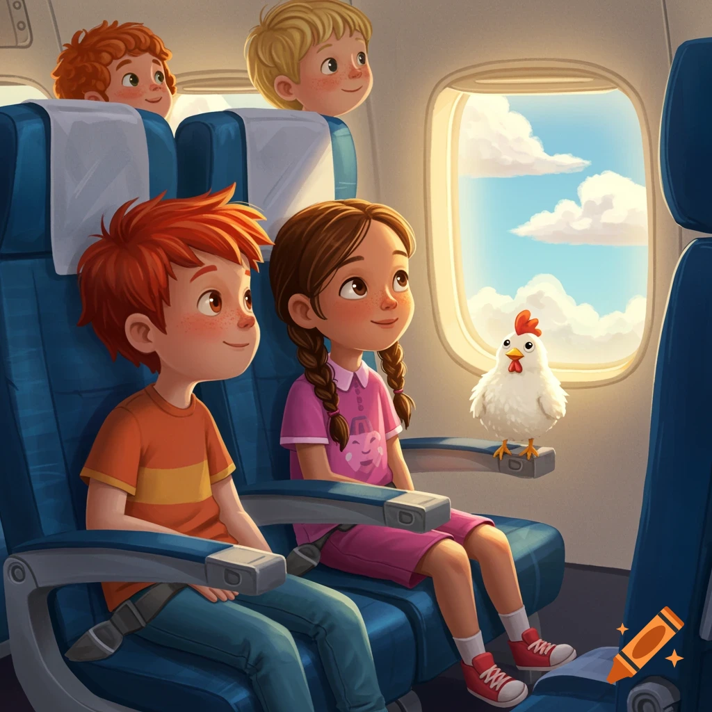 Cartoon illustration of three kids and a chicken sitting in airplane seats looking out a window.