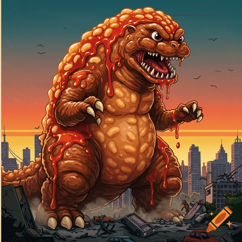 Cartoon illustration of a giant baked bean monster resembling Godzilla destroying a city.