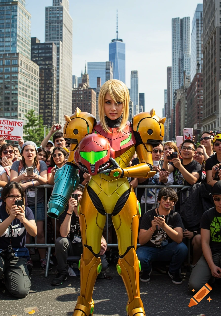 A person in Samus Aran cosplay holds a helmet, surrounded by fans on a city street.